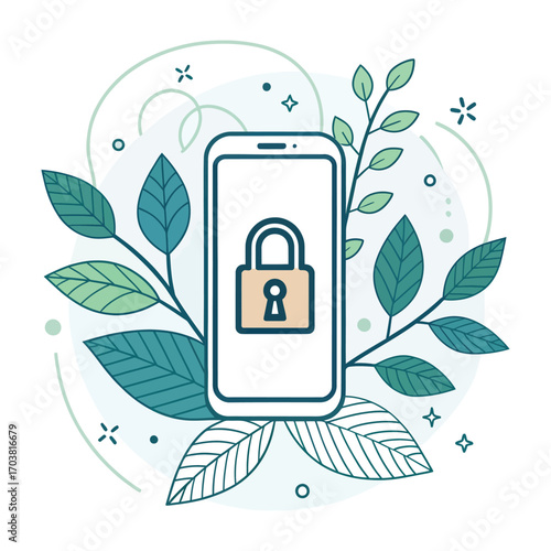 Digital Shield: A secure mobile phone icon, cradled by organic foliage, symbolizing digital protection and eco-conscious technology.