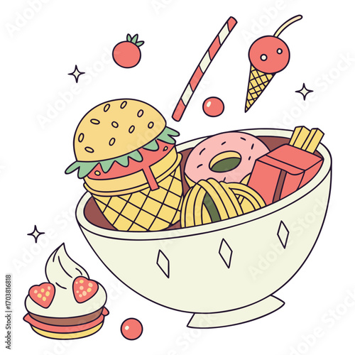 A delicious cartoon vector illustration of a sweet cherry birthday cake with cream