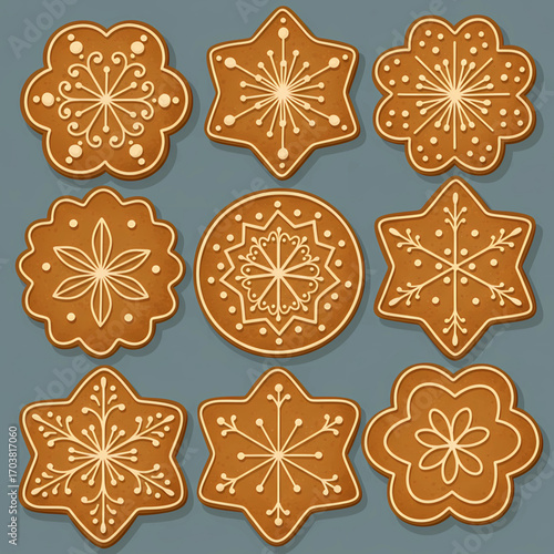 Gingerbread Cookies with Icing Designs in Grid Pattern on Gray-Blue Background