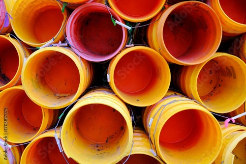 Quadro em tela Stacked, dirty, and faded five gallon buckets.