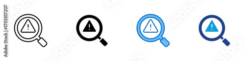 Alert Search Multiple Style Icon Design Vector - Magnifying glass with warning triangle, symbolizing error detection, alert search, or security risk