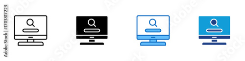 Computer Search Multiple Style Icon Design Vector - Monitor screen with search bar, symbolizing online search, browsing, or computer query