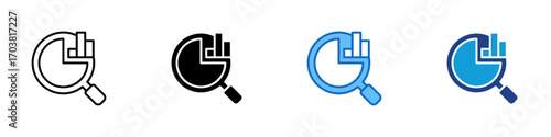 Data Search Multiple Style Icon Design Vector - Magnifying glass over pie chart and bar graph, representing data analysis, statistics, and market research