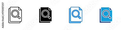 Document Search Multiple Style Icon Design Vector - Magnifying glass on document paper, symbolizing file inspection, record check, or document review