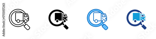 Delivery Search Multiple Style Icon Design Vector - Magnifying glass with truck, symbolizing shipment tracking, logistics search, or delivery check