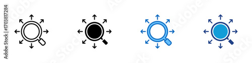 Expand Search Multiple Style Icon Design Vector - Magnifying glass with arrows outward, symbolizing zoom, expand, growth, or exploration
