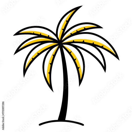 Stylized illustration of a palm tree with yellow and black leaves, isolated on a, representing a tropical vacation or summer