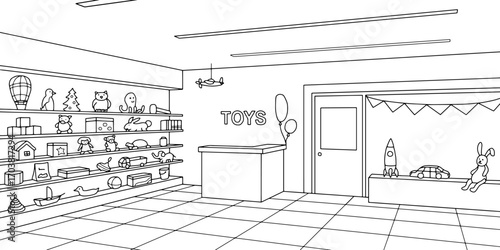 Toy shop graphic black white interior sketch illustration vector 
