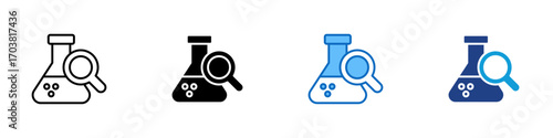 Science Search Multiple Style Icon Design Vector - Flask with magnifying glass, symbolizing scientific research, experiment, or laboratory study