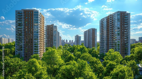 Innovative urban architecture emphasizing sustainability in high-rise residential buildings with biophilic design and energy-efficient infrastructure
