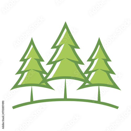 Stylized illustration of three green pine trees with a simple, clean design, isolated on a