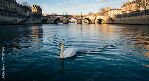 Wallpaper Mural Serene Swan on Parisian River Seine under Bridges. Torontodigital.ca
