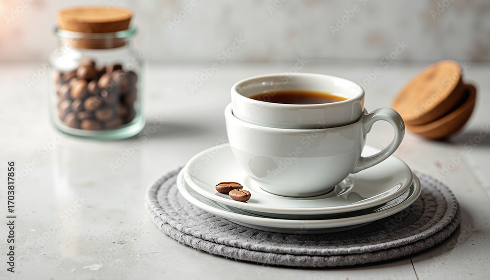 Fototapeta premium Coffee cup and saucer with espresso on a gray kitchen countertop 