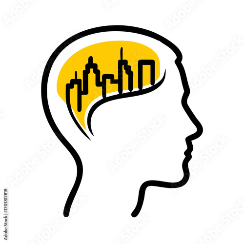 Silhouette of a human head with a cityscape inside, symbolizing urban thoughts and ideas