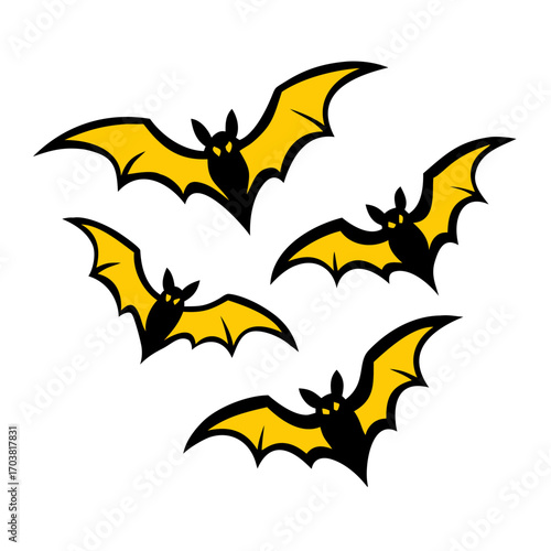 A group of four yellow bats with black outlines flying in a scattered formation