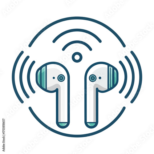 Wireless Earbuds and Connection: Isolated illustration of modern wireless earbuds, encircled by stylized signal waves, conveying seamless connectivity and audio experience.