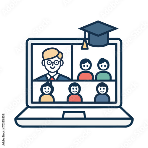 Online Education: The image captures an engaging illustration of online education with a teacher and students attending a virtual classroom. The laptop displays a video call.