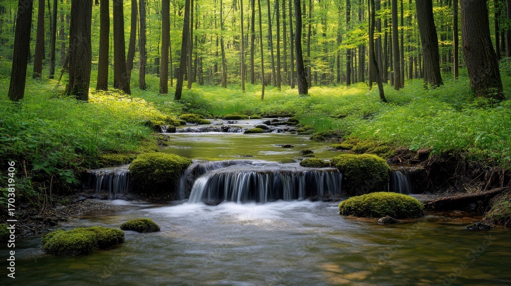 Obraz premium Sunlight streams through a dense forest, illuminating a small, cascading brook. Green moss covers rocks along the water's edge