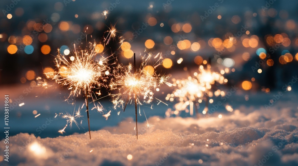 Obraz premium Sparklers are lit and placed in fresh snow, creating a magical glow against a blurred city backdrop in the evening sky, capturing a joyful winter celebration.