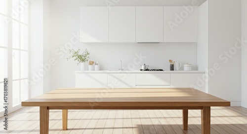 Wooden Table in Bright, Modern White Kitchen Interior