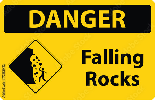 Falling rock safety warning sign. Caution danger concept. Vector icon for road, construction, industry design.