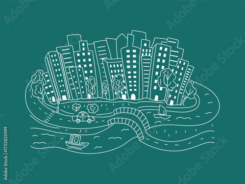 City, houses by the river, road. Drawing, doodle. Transport, travel. Line graphic vector illustration, isolated background.