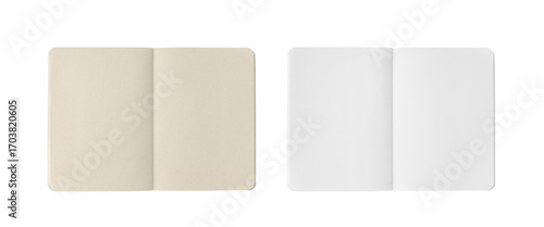 Overhead shots of notebook pages: one made of white paper, the other of kraft paper.