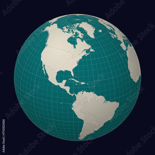 The Bahamas on the map. Globe centered to Bahamas. Country location on the world map. Teal Pale Mint color palette. Globe with countries, meridians and parallels. Elegant vector illustration.