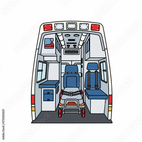 Interior View of Emergency Ambulance with Medical Equipment and Stretcher