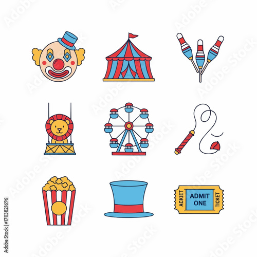 Colorful Circus-Themed Icons with Carnival and Entertainment Symbols