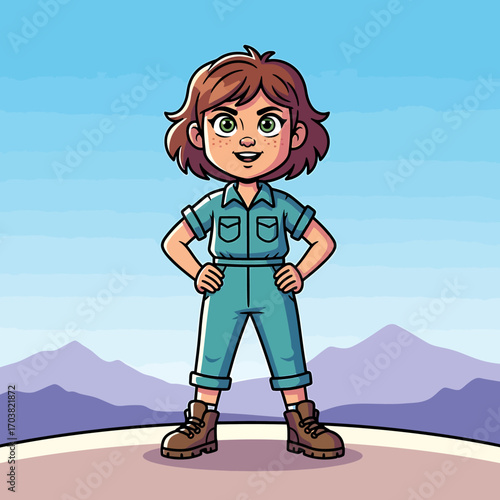 Smiling girl in overalls and hiking boots, standing confidently on a mountaintop.