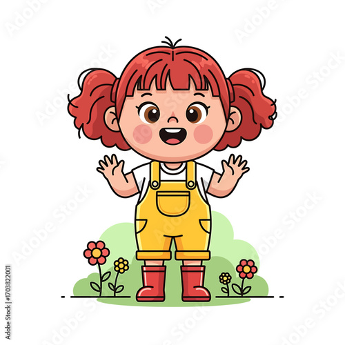 Cute Cartoon Girl in Yellow Overalls and Red Boots Springtime Fun