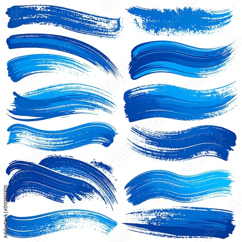 Collection of vibrant blue paint brush strokes
