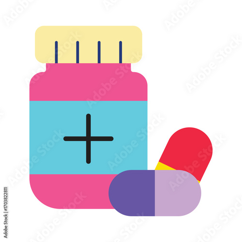 Modern illustration of a pill bottle and medication for pharmacy and treatment concepts.