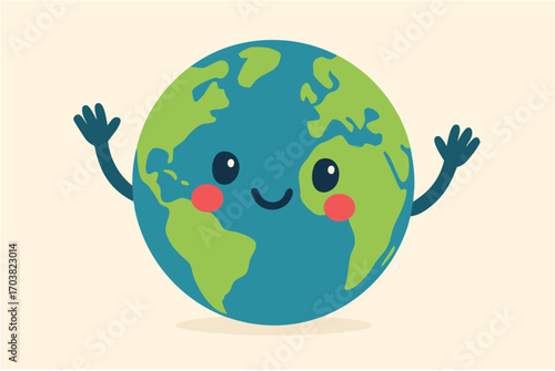 Adorable Smiling Planet Earth Character Waving, Representing Global Harmony and Environmental Awareness