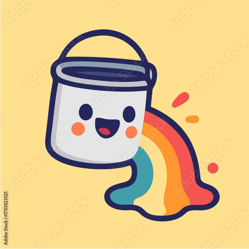 Happy Rainbow Paint Bucket Cartoon Illustration