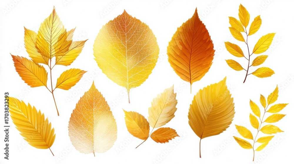 Fototapeta premium Various yellow leaves of different shapes and sizes are displayed, highlighting the beauty of autumn in a forest. The leaves reflect changing seasons, capturing the essence of fall.
