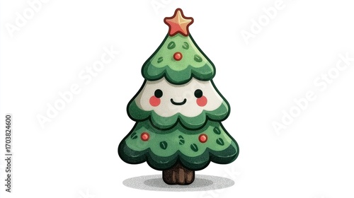 Cute Cartoon - style Christmas Tree with Smiling Face and Decorations for Holiday Designs