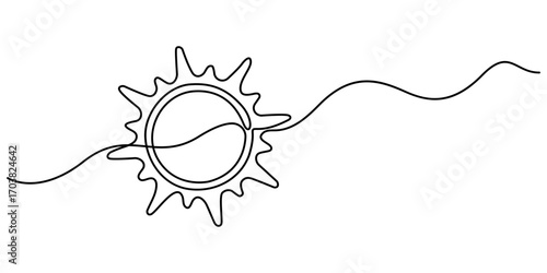 Wavy doodle sun sunny day one line continuous drawing illustration vector. Minimalist outline vector design. Editable stroke. Sunset, sunrise, beach, palm tree in single line draw illustration