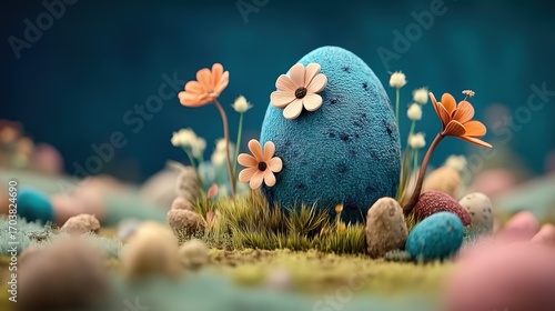 Teal Easter Egg Surrounded by Pastel - Colored Flowers and Miniature Eggs in a Lush, Dreamy Setting