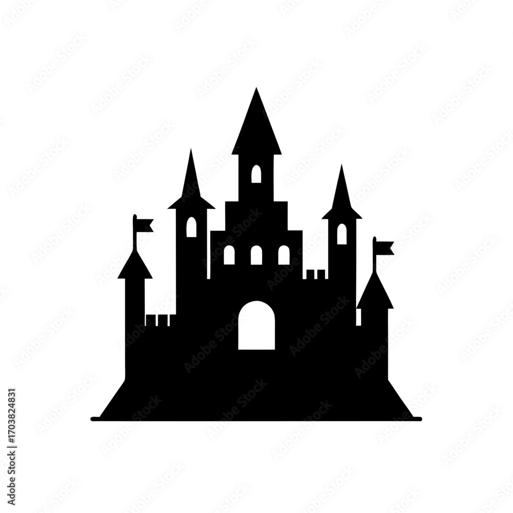 Obraz premium Silhouette of a fairytale castle with flags on transparent background