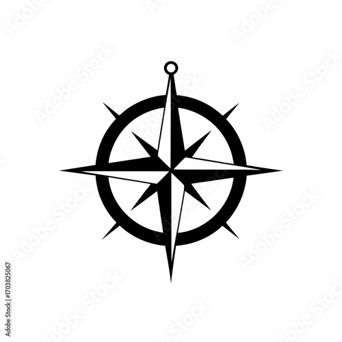 Black compass rose with eight point star on transparent background silhouette