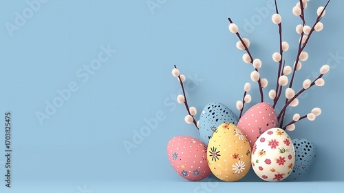 Easter Eggs with Floral and Polka - Dot Patterns and Pussy - Willow Branches on a Light Blue Background