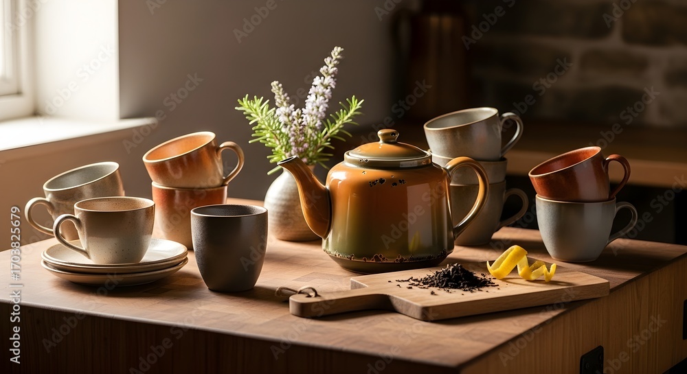 Obraz premium Teapot And Cups prep scene in butcher block rustic kitchen