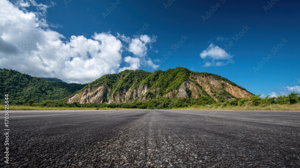 Fototapeta premium A wide asphalt road leads into the distance, framed by lush green mountains. Fluffy white clouds float in a bright blue sky, creating a picturesque, tranquil setting.