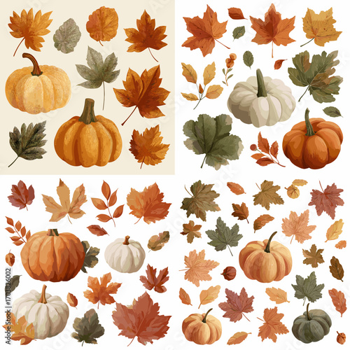 Autumn botanical illustration with pumpkins and colorful fall leaves in warm seasonal tones. Perfect for harvest, Thanksgiving, and seasonal decorative projects.