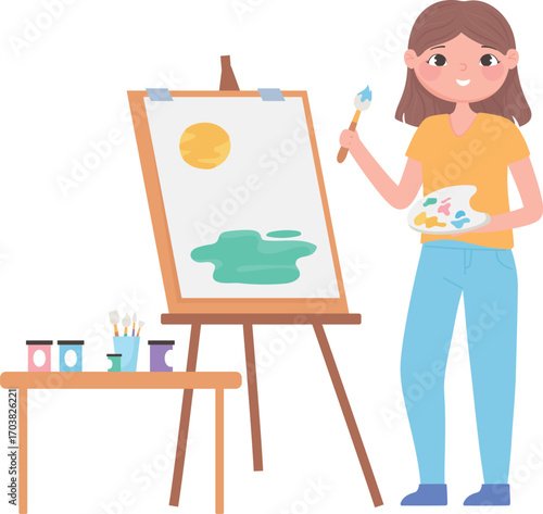 Vector art of young girl painting on canvas with easel and art supplies