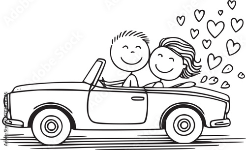 Love Journey Cartoon:  A hand-drawn cartoon depicts a romantic couple joyfully cruising in a convertible car with hearts swirling above them, conveying themes of love, adventure, and togetherness.