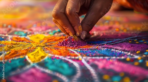 Hand adding colored powder to rangoli design art