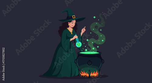 A witch in a green dress is making a potion in a cauldron with green smoke.